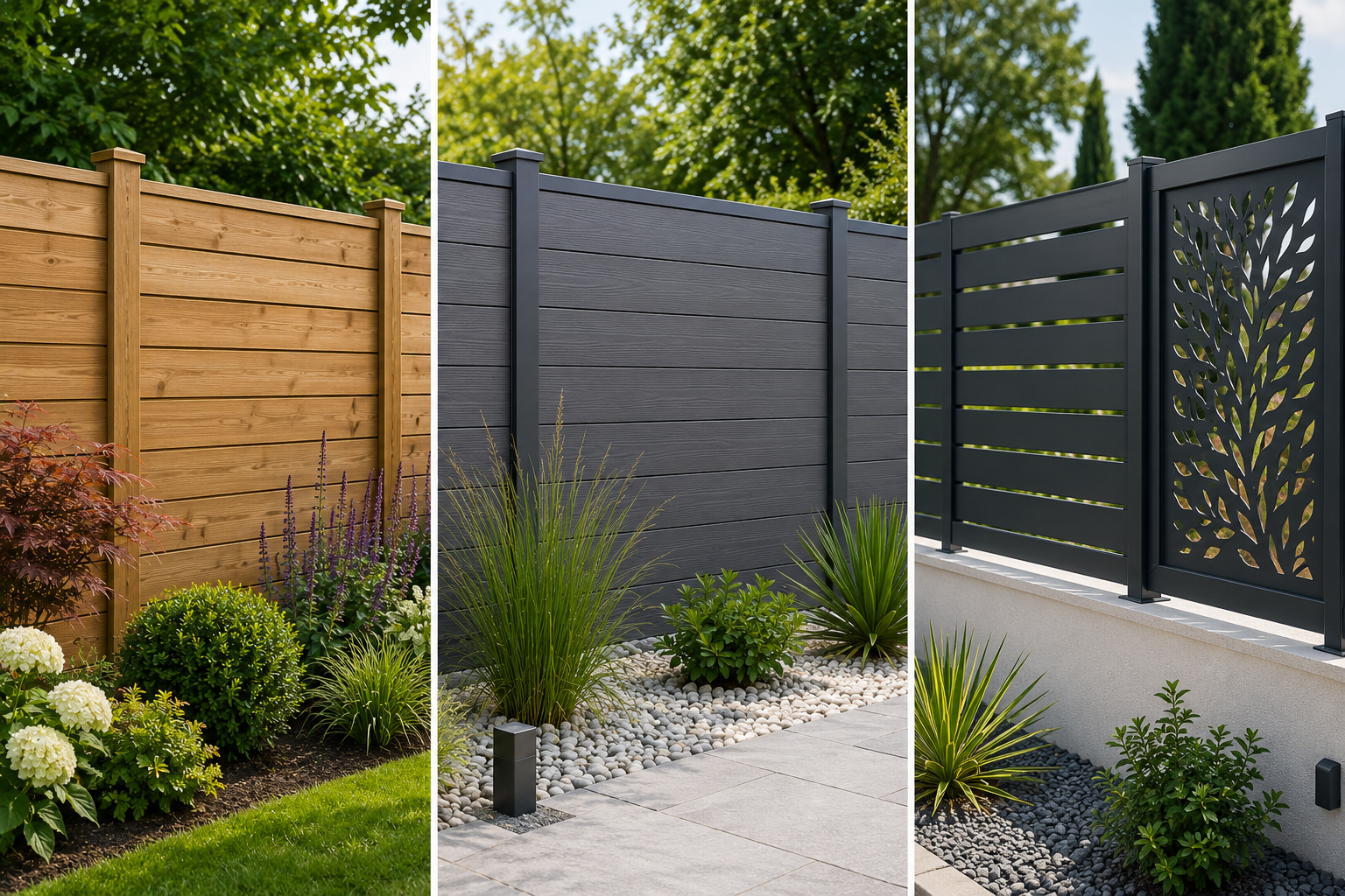 Comparatif des clôtures de jardin en bois, composite et aluminium Comparaison de trois clôtures de jardin : clôture en bois, clôture en composite et clôture en aluminium dans un aménagement paysager
